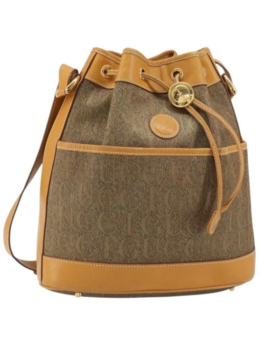Authentic GUCCI Shoulder Bag Canvas Leather Beige Gold